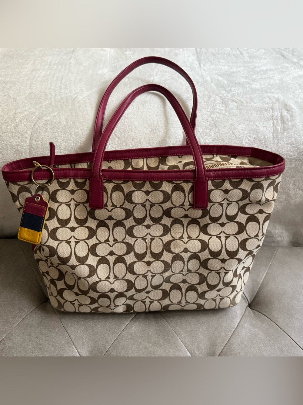 Vintage Coach Legacy Weekend Signature Tote Brown/Tan Canvas Burgundy Leather